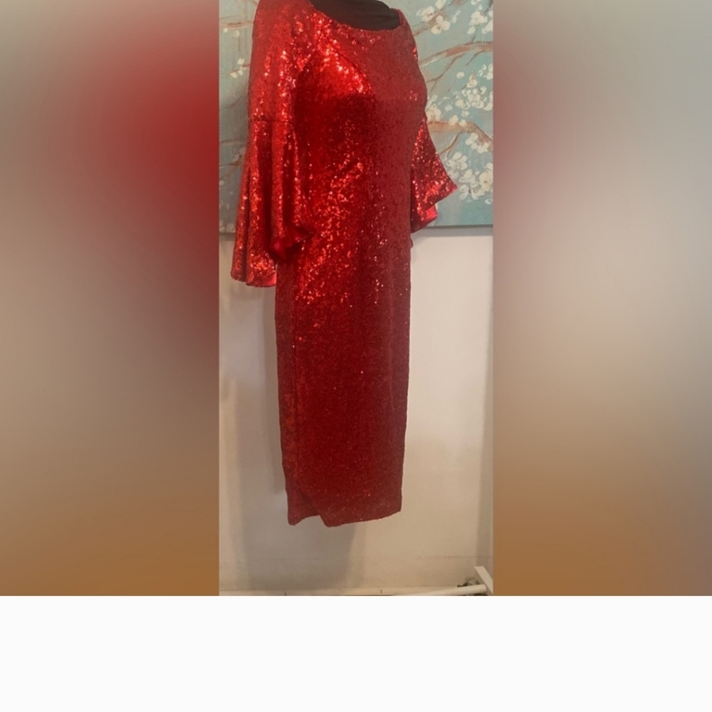Premier Amour Red Sequin Sheath Dress. Off the Shoulder. Bell sleeve. Size 6